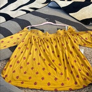Old Navy Mustard Yellow Blouse with Red Floral Pattern